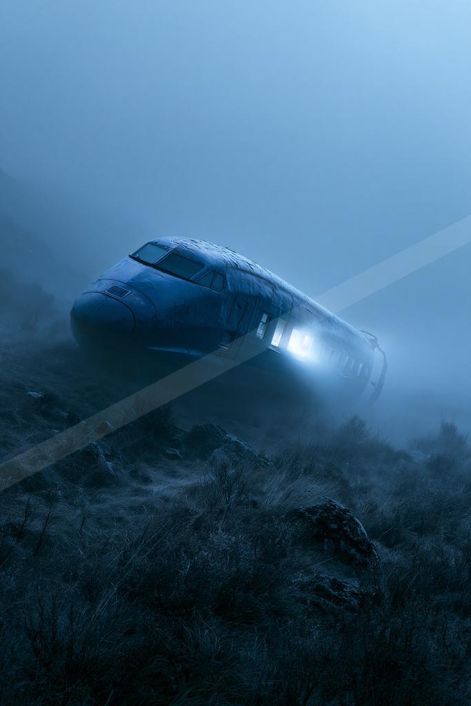 A crashed passenger airplane lies tilted on a rocky, grassy hillside shrouded in thick blue fog, with a bright light glowing from an open doorway.