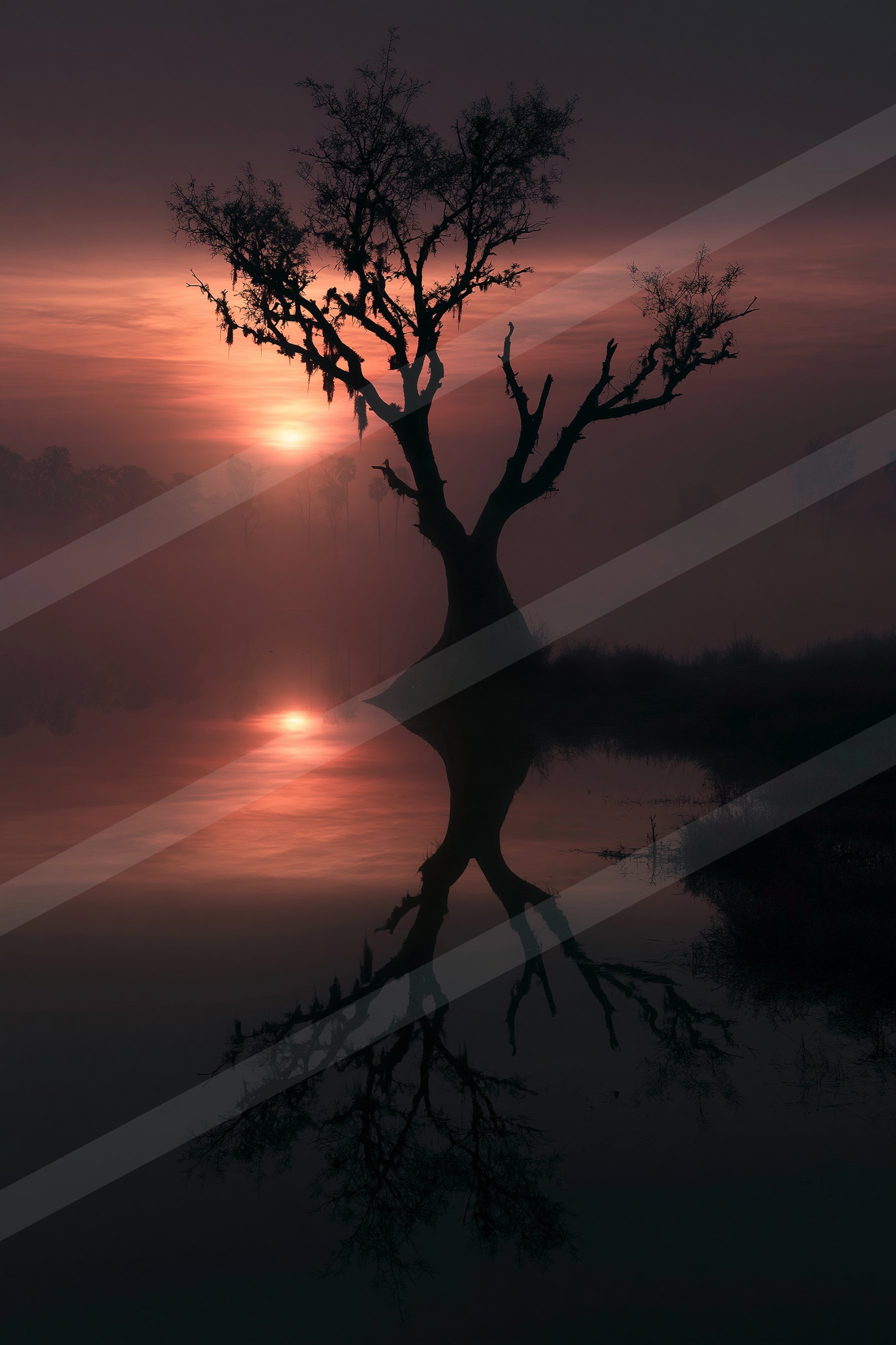 An ethereal high contrast sky scene of a sunrise, reflection.