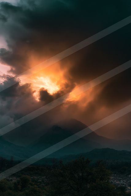 A dramatic high contrast sky scene of a sunset, dust.
