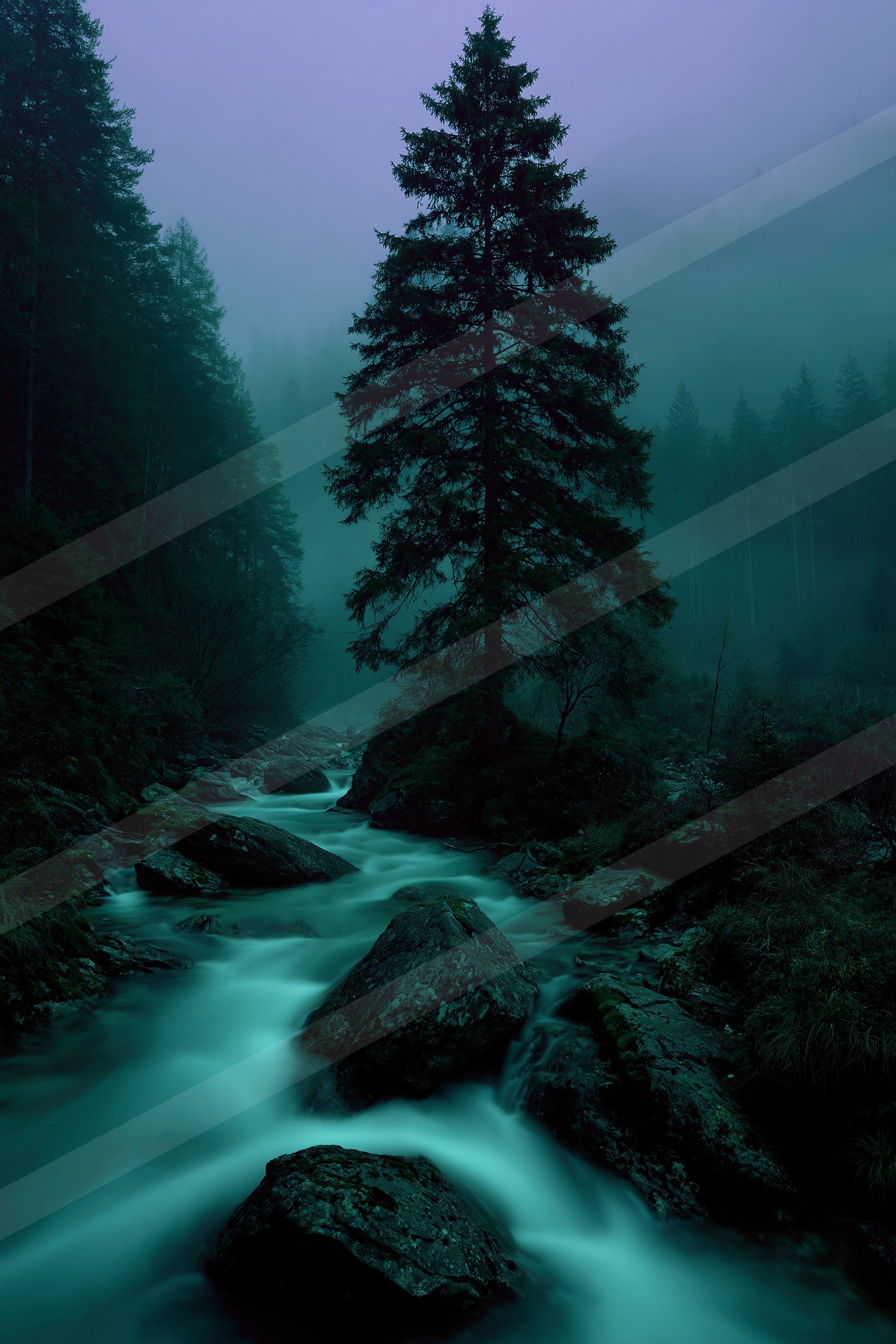 A mysterious high contrast water scene of a stream, fog.