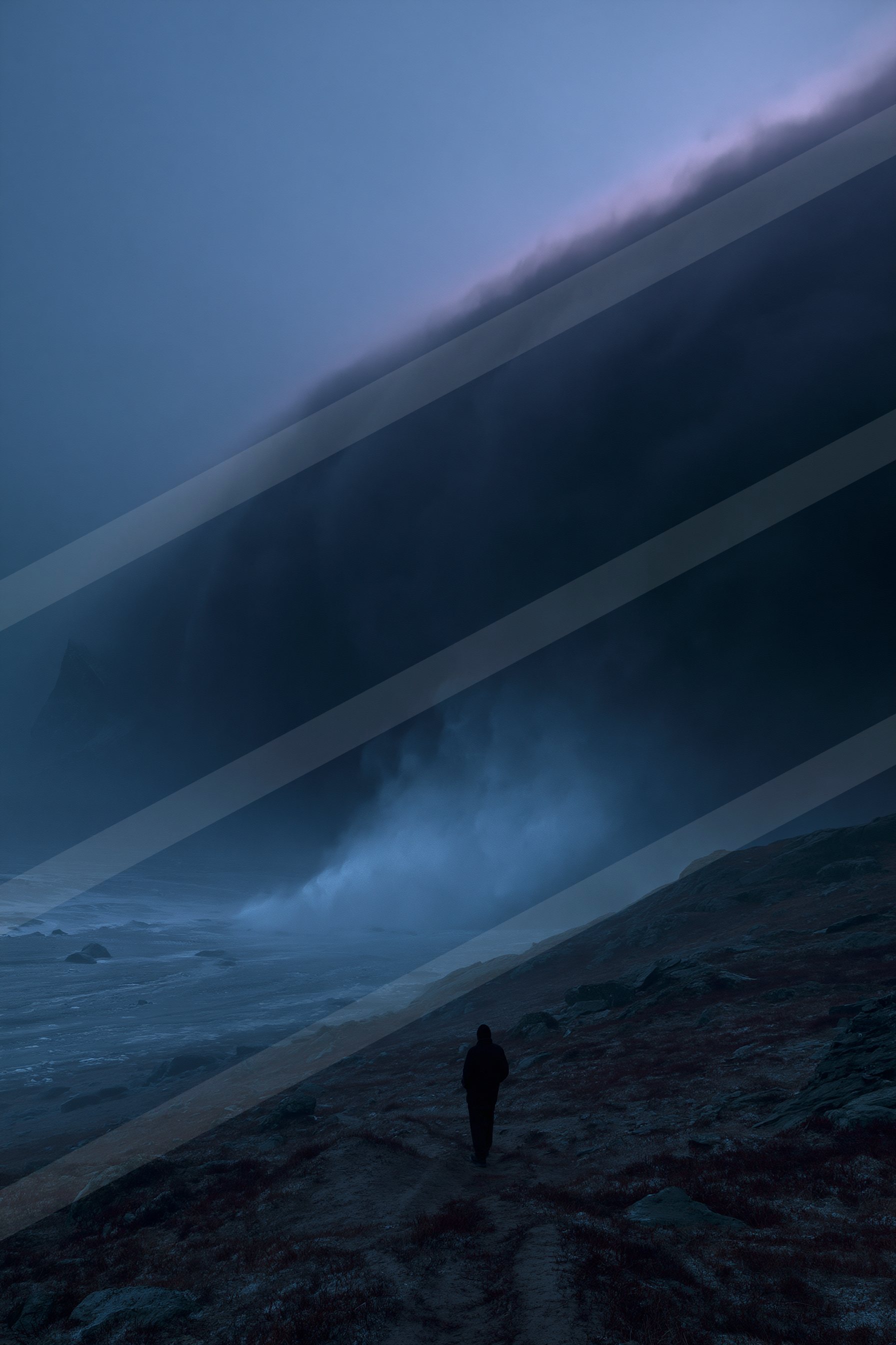 A lone figure in silhouette walks along a rugged coastal path under dramatic twilight skies.