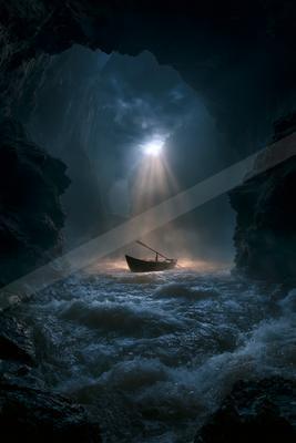 A night water scene of ocean.