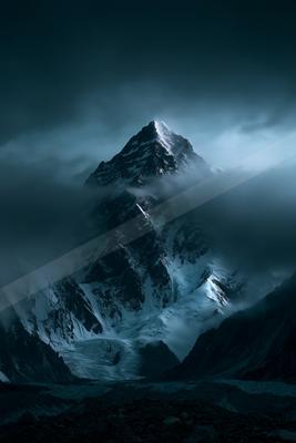 A sharp, snow-covered mountain peak rises dramatically through thick, dark clouds in a moody, atmospheric scene.