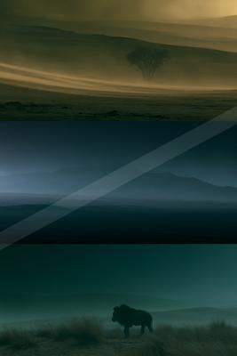 A moody landscape of mountains, desert, valley.