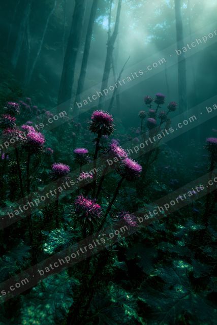 A serene forest scene featuring tall purple thistles glowing in the misty light filtering through dense trees.