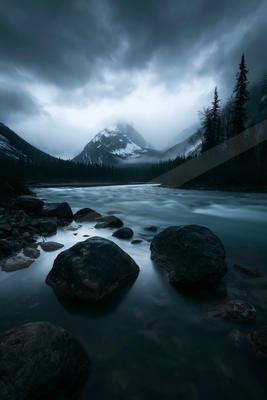 A serene landscape of mountains, river, storm.