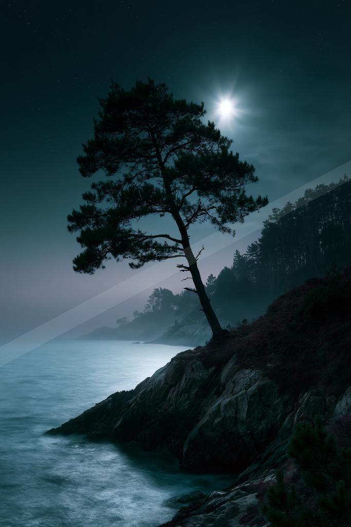 A night nature scene of trees.