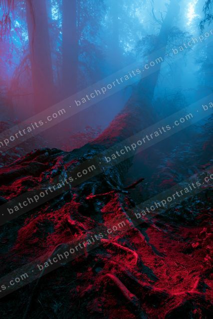 An ethereal high contrast nature scene of a forest, fog.