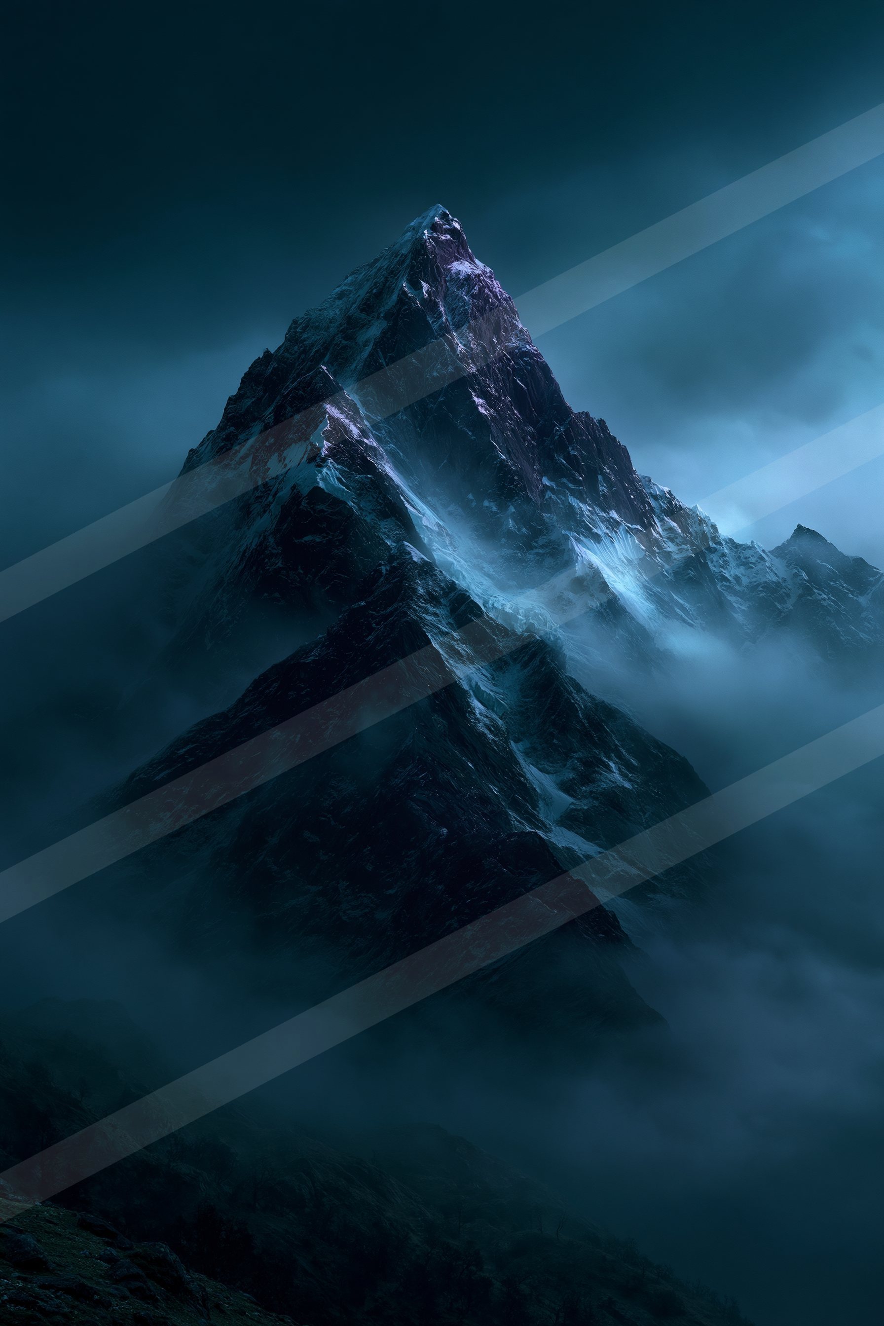 A towering mountain peak shrouded in mist under a dark, moody sky.
