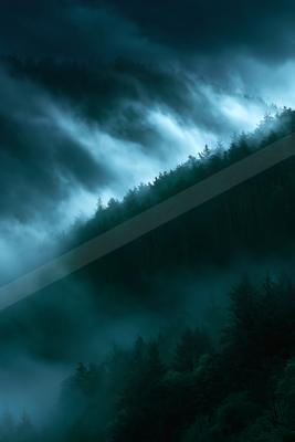 An ethereal high contrast landscape of a rolling hills, fog.