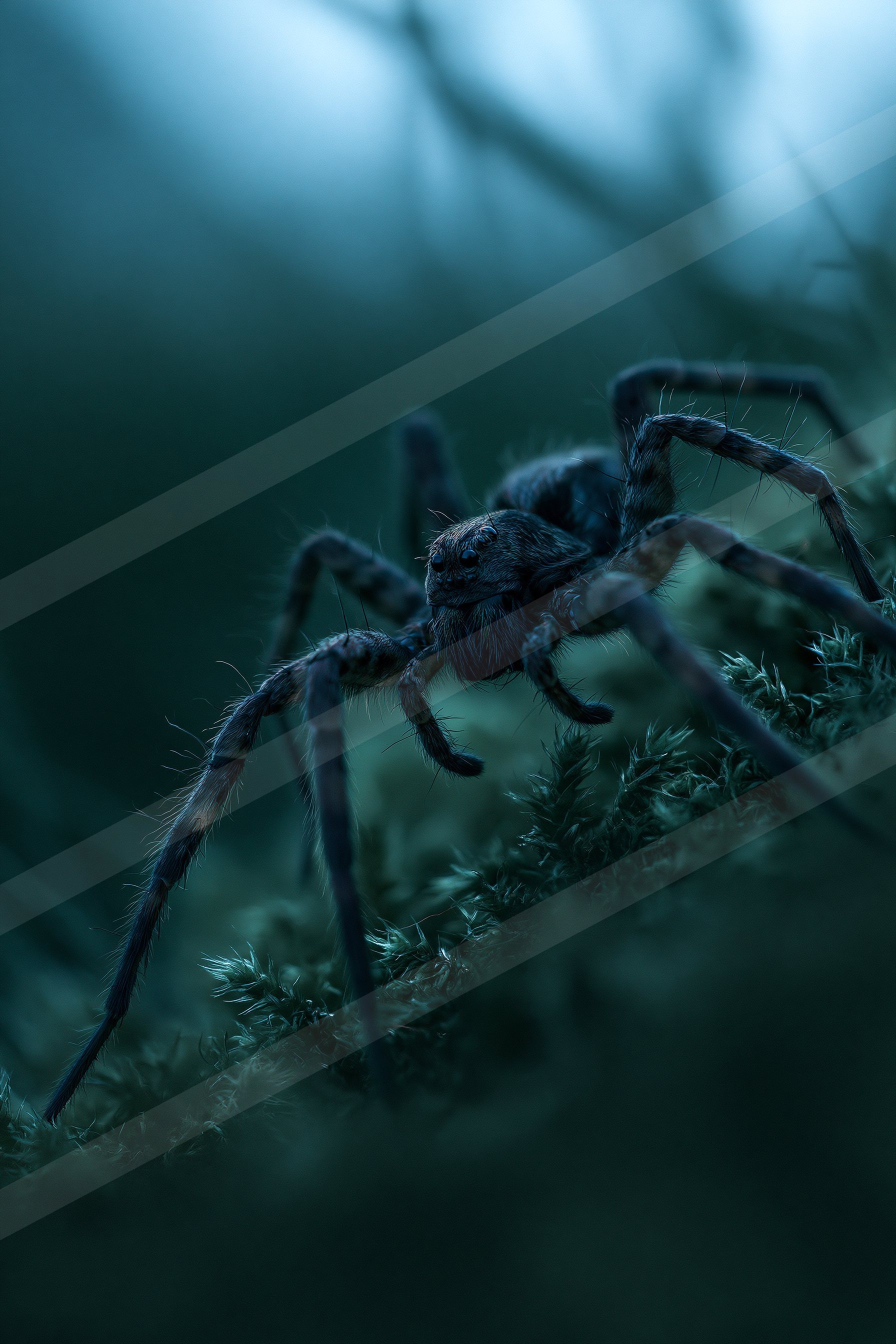 Garden spider in the misty forest.