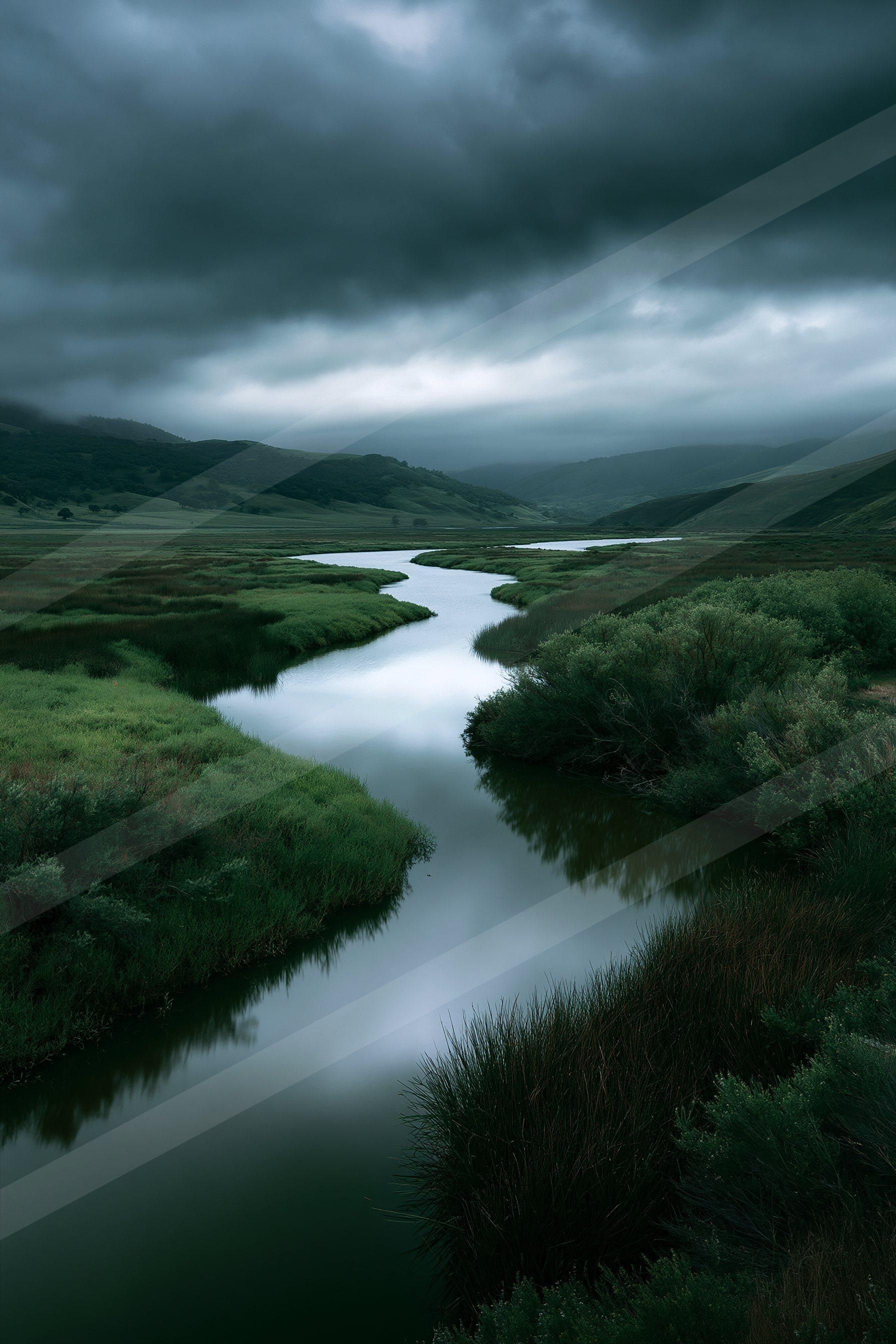 A moody high contrast water scene of a river, ripples.