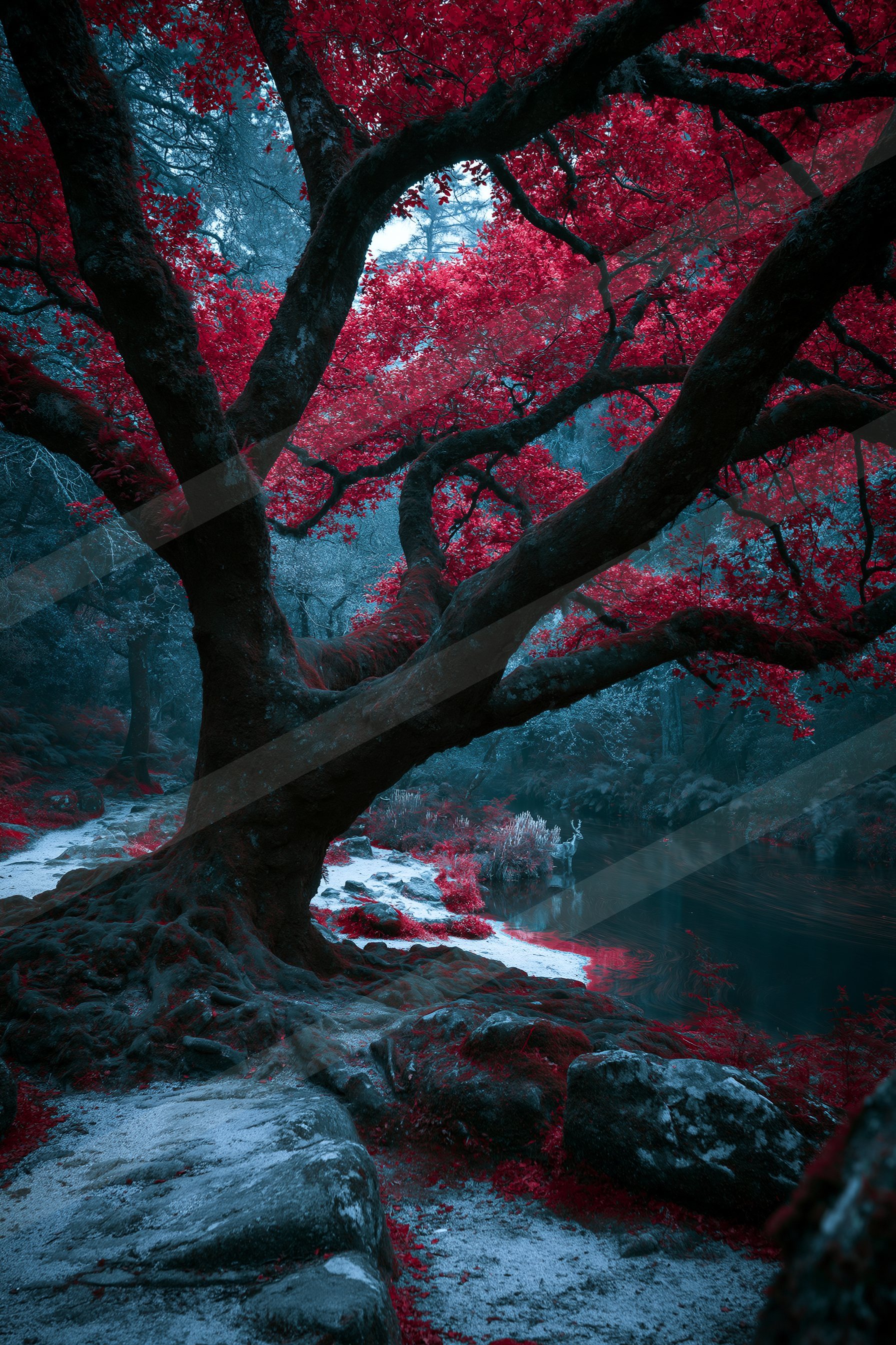 An ethereal high contrast nature scene of a maple tree.