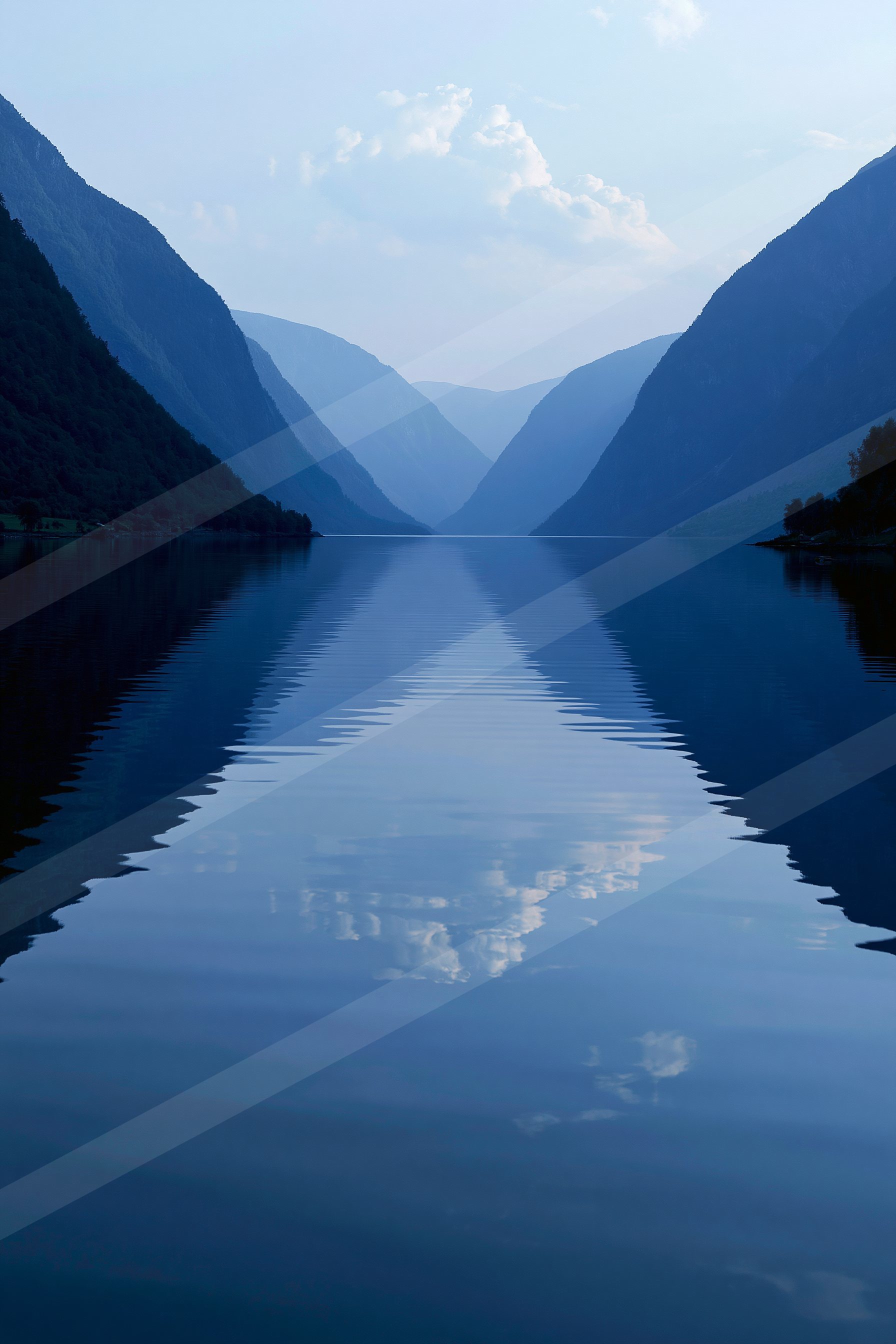 A serene symmetry water scene of a lake, reflection.