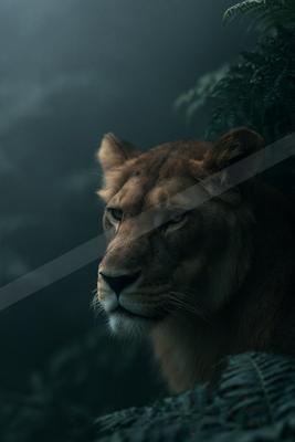 A lioness with golden eyes stares intently from the shadows of a misty jungle, surrounded by dark green ferns.