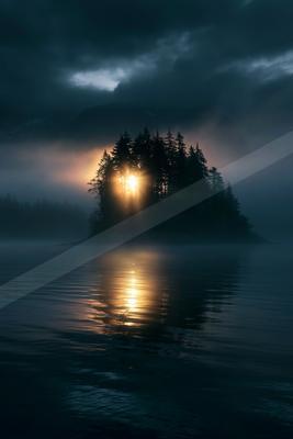 A serene twilight scene with a forested island silhouetted against the glowing sun, reflected in calm water.