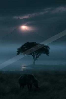 A hyena stands in tall grass in the foreground with a lone tree, misty water, and a mountain illuminated by the moon in the background under a dramatic cloudy s