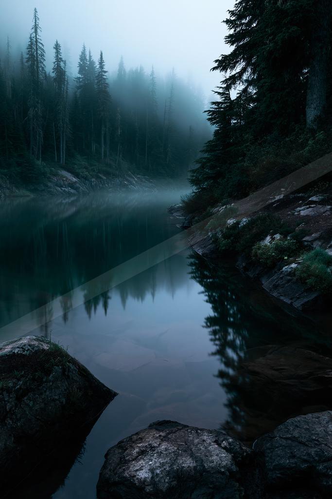 A calm mountain lake reflects a dense coniferous forest shrouded in thick fog on an overcast day.
