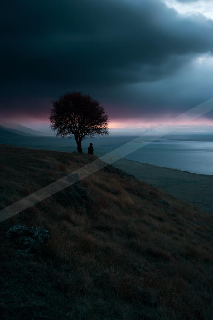 A silhouetted person stands beside a lone tree on a grassy hilltop under a dark, stormy sky with dramatic light breaking through, overlooking a vast lake and di
