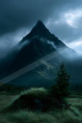 A sharp rocky mountain peak rises into dark stormy clouds, partially veiled by swirling mist, with a lone evergreen tree in the foreground on a grassy hill.