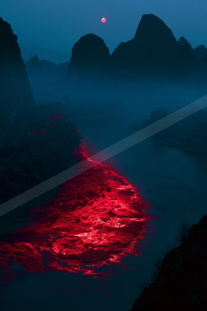 A night landscape of mountains.