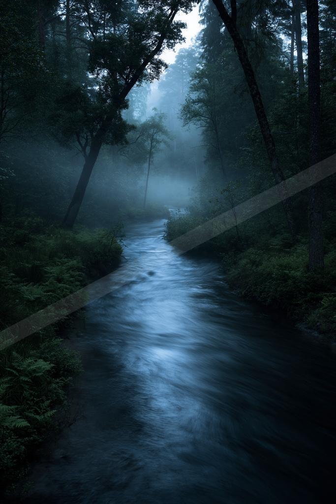A night long exposure water scene of river, fog.
