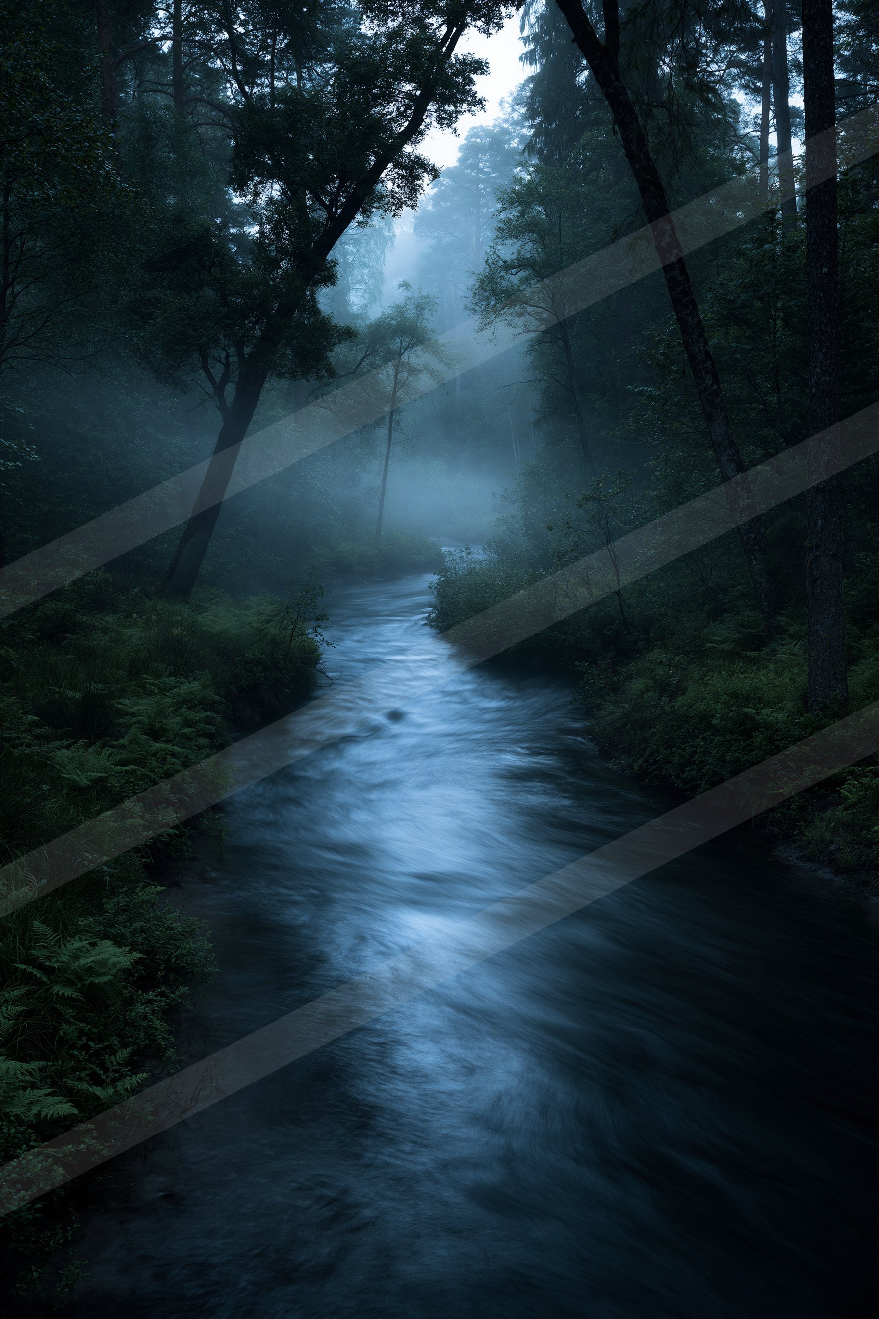 A mysterious water scene of a stream, fog.