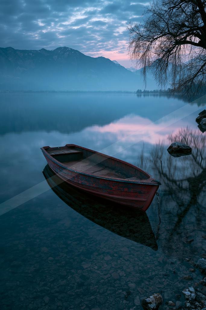 A black-toned moody photograph of lakeside, canoe, boathouse.