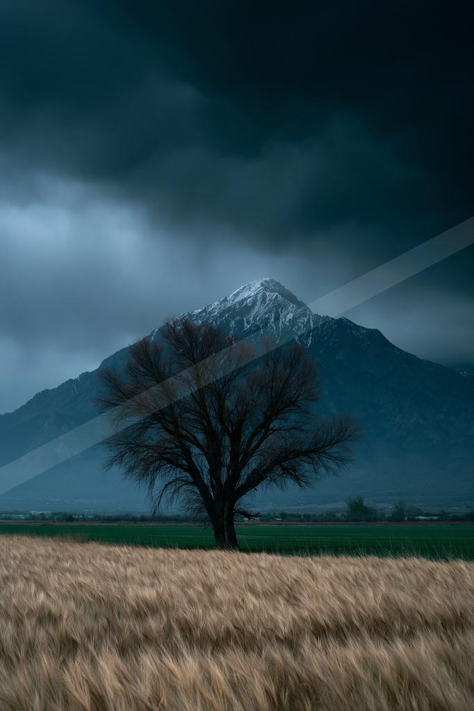 A dramatic high contrast landscape of a volcano.