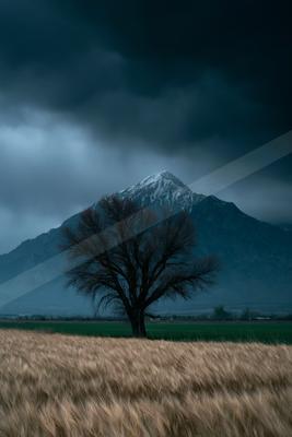 A dramatic sky scene of storm, field, mountains.