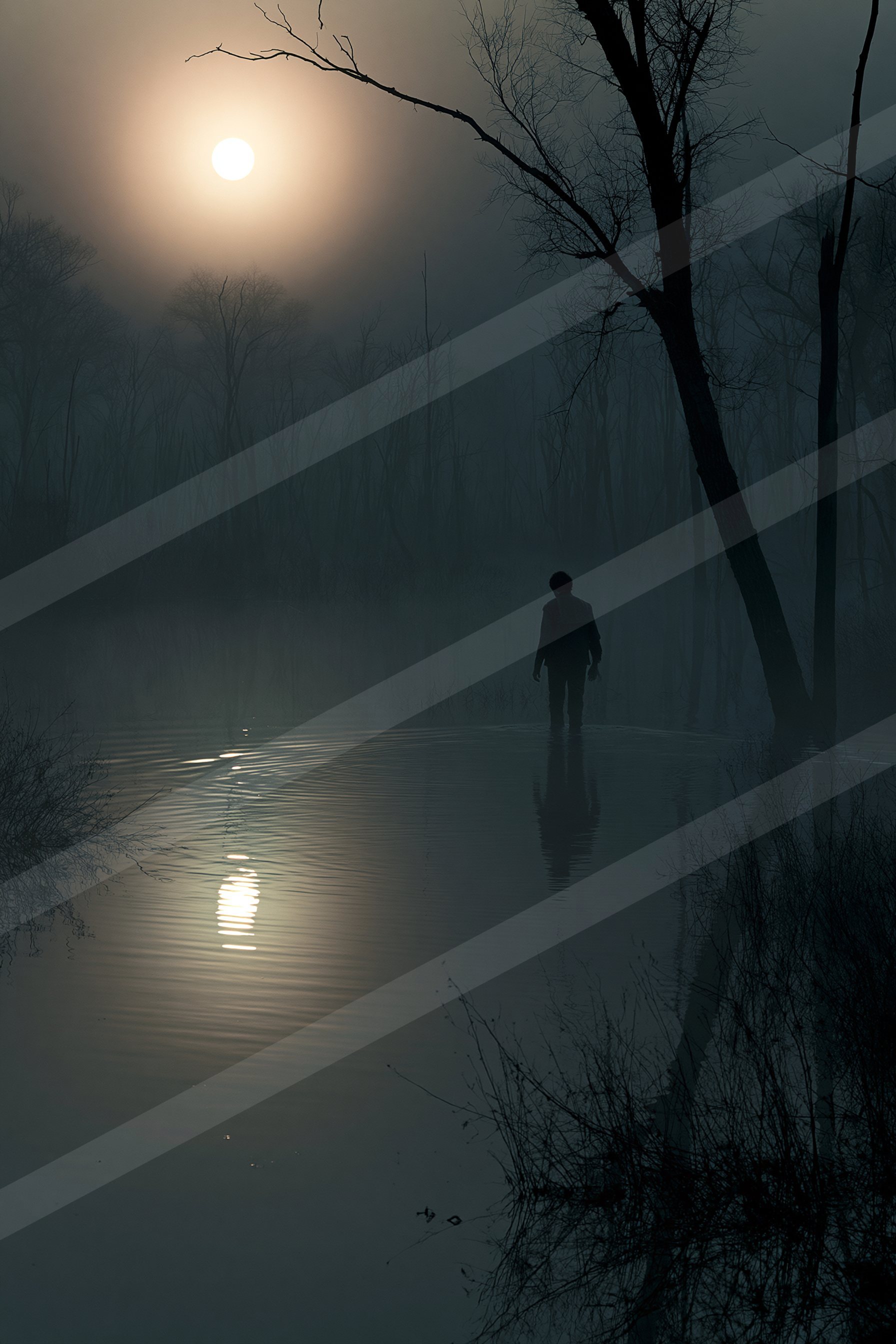 A black-and-white mysterious high contrast water scene of a pond, reflection.