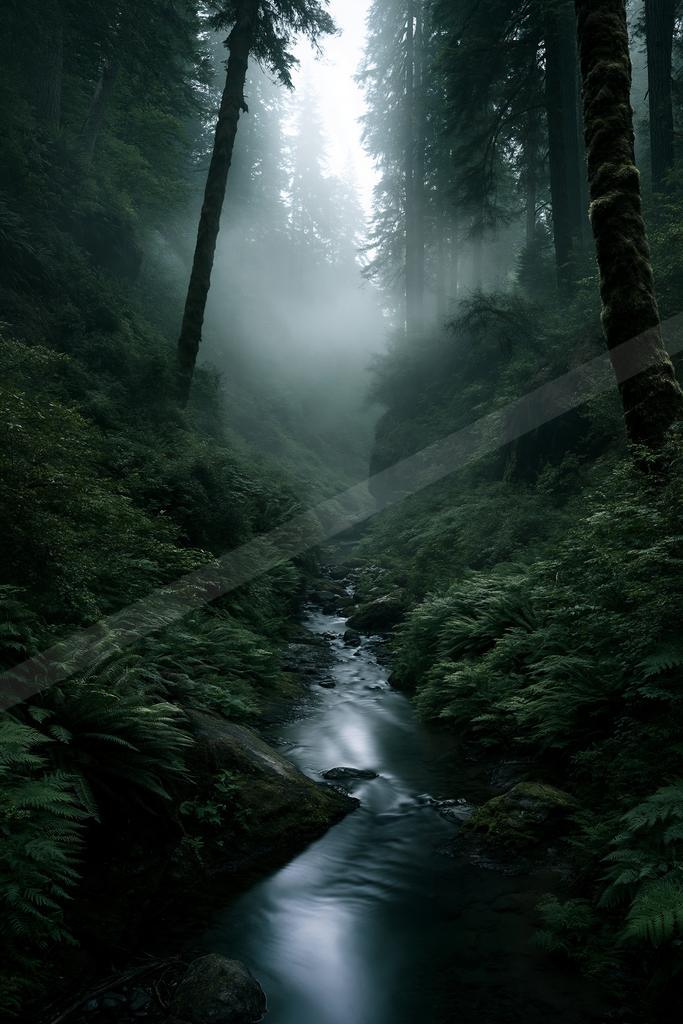 A serene nature scene of forest, river, valley.
