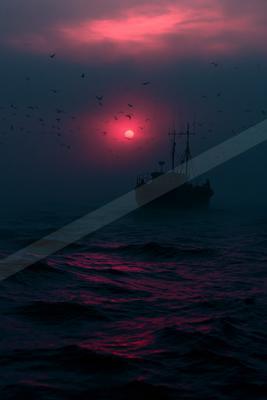 A blue hour water scene of ocean, sunrise, fog.