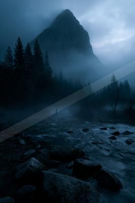 A solitary person stands in a flowing river surrounded by thick fog at the base of a towering, mist-covered mountain with pine trees.