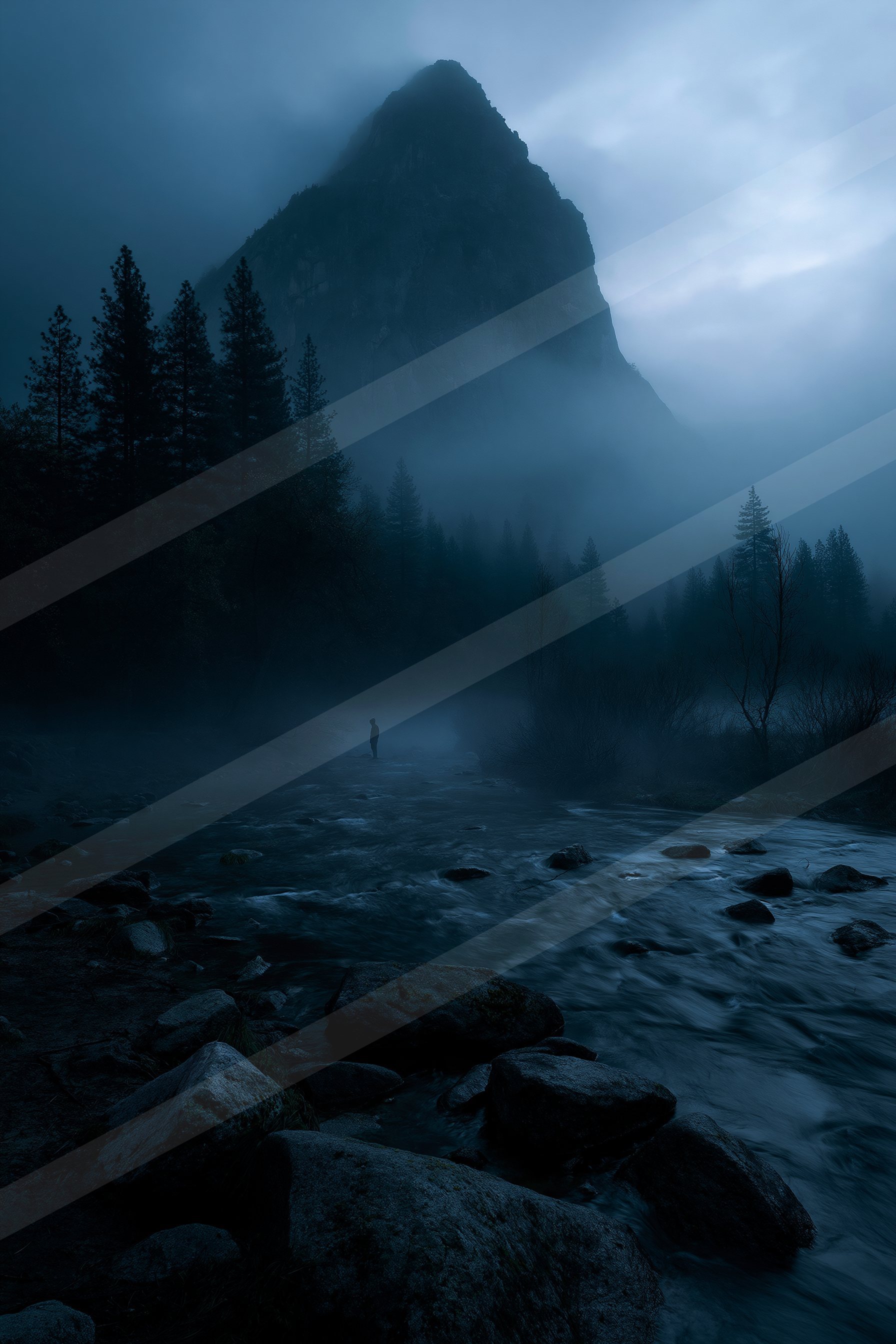 A mysterious long exposure water scene of a river, fog.