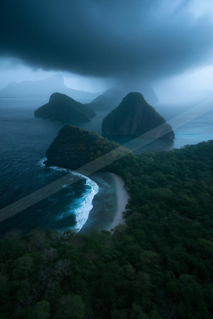 A green-toned moody photograph of promontory, seashore, cliff.