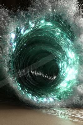 A massive turquoise ocean wave forms a perfect barrel or tube as it curls over a sandy beach, with bright highlights and white spray.