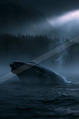 A humpback whale emerges from dark water in a misty fjord, with forested mountains and dramatic light beams in the background.