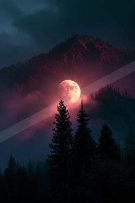 A large glowing red full moon rises behind a misty mountain peak, illuminating the fog and silhouetting tall pine trees in the foreground under a dark night sky