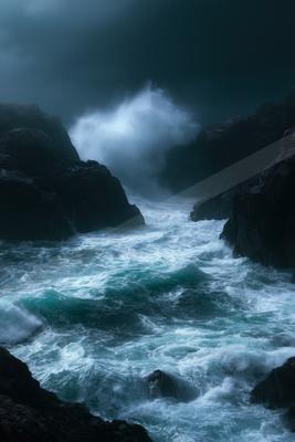 A dramatic long exposure water scene of ocean, fog.