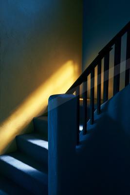 A night minimalist still life of interior room, sunrise.