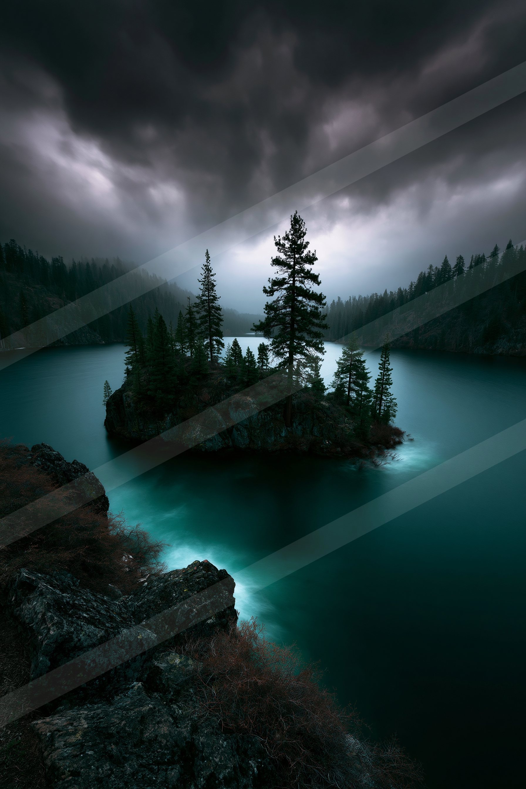 A serene lake surrounded by dark trees under a stormy sky, creating an atmospheric mood.