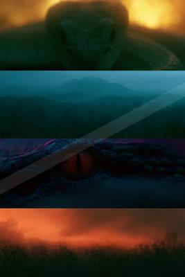 A moody landscape of mountains, ocean, sunset.