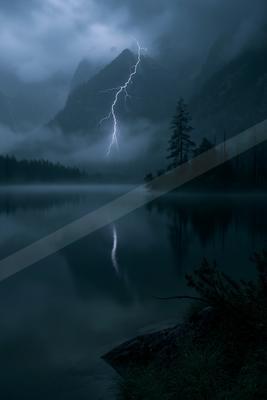 A dramatic sky scene of storm, lake, fog.