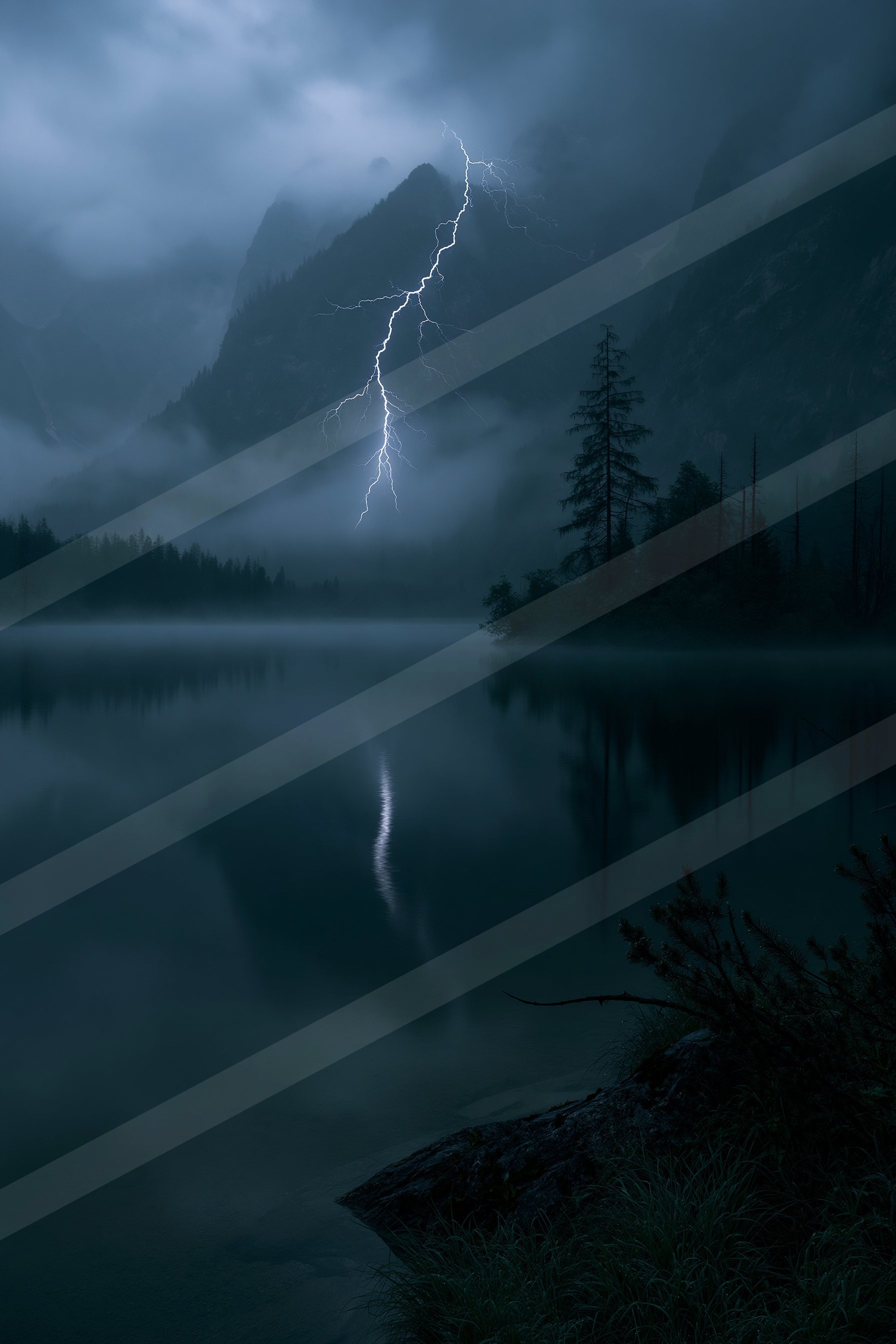 A dramatic sky scene of a lightning, reflection.