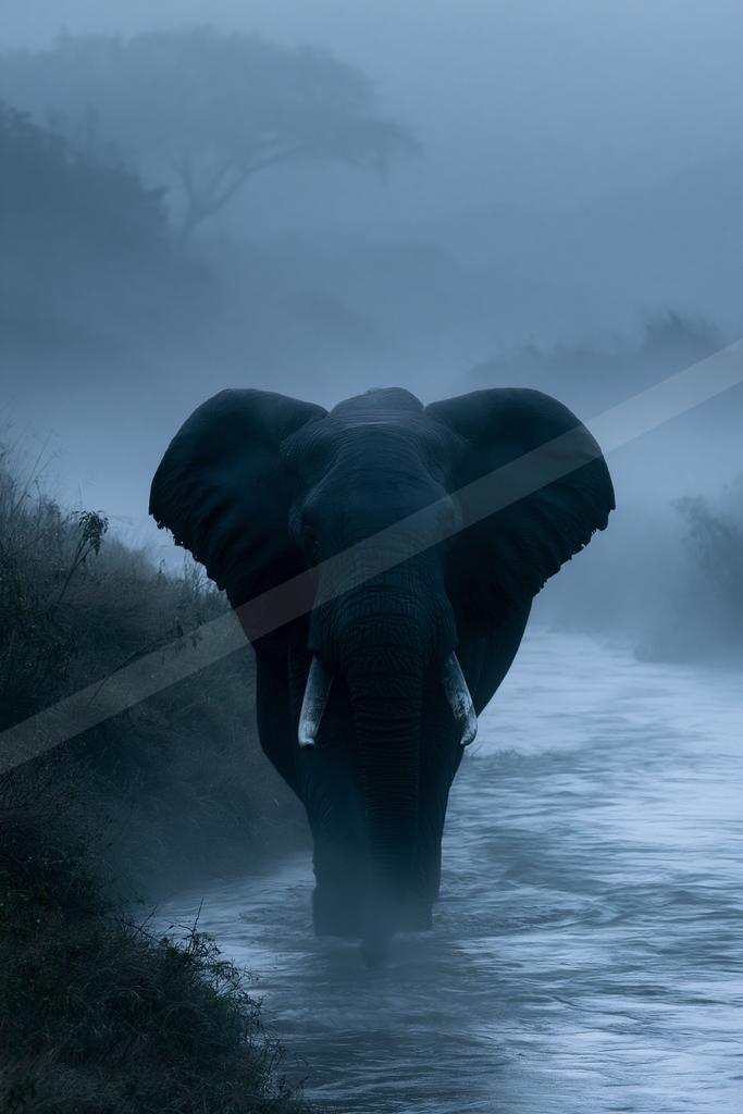 A large African elephant with prominent tusks walks directly toward the viewer through a shallow river, surrounded by thick blue-toned fog and silhouetted trees
