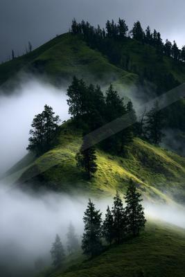 A serene landscape of mountains, field, valley.