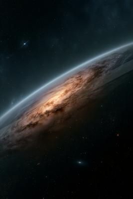 View of planet Earth from outer space showing its curved horizon, glowing atmosphere, and illuminated landmasses against a starry black background.