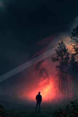 A night sky scene of storm, sunrise, fog.