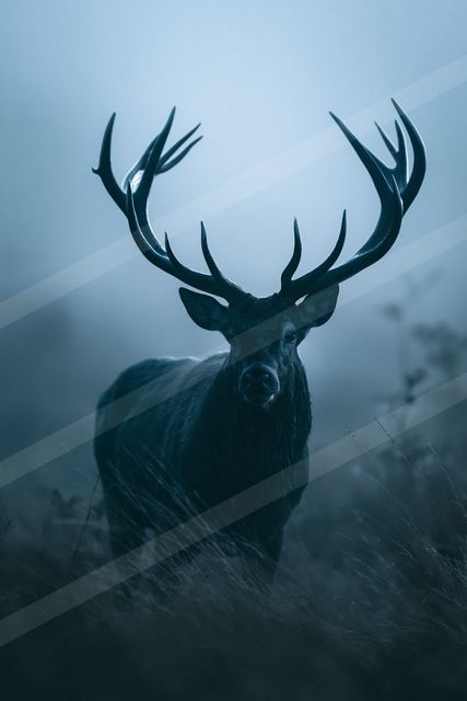 A powerful stag stands prominently in a misty forest, its large antlers silhouetted against the fog.